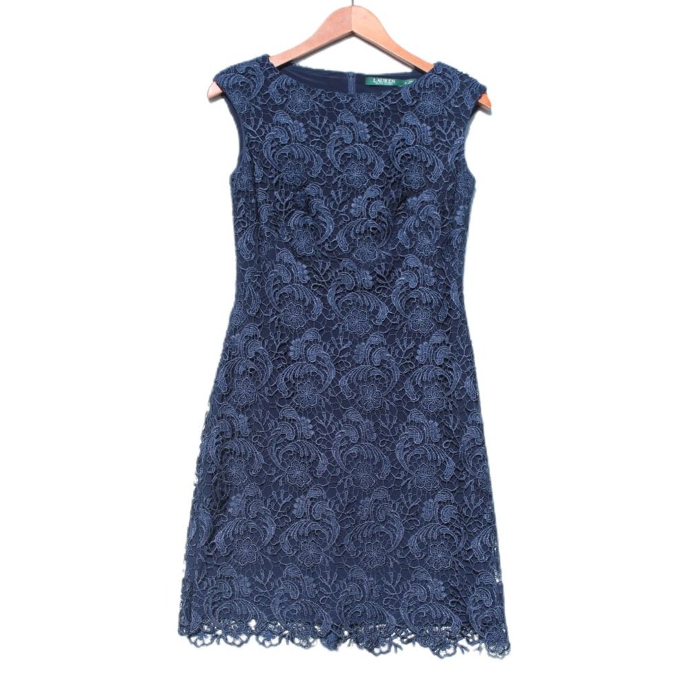 NWOT LAUREN Ralph Lauren Lace Dress Navy Blue Floral Full Zip Sleeveless sz 2